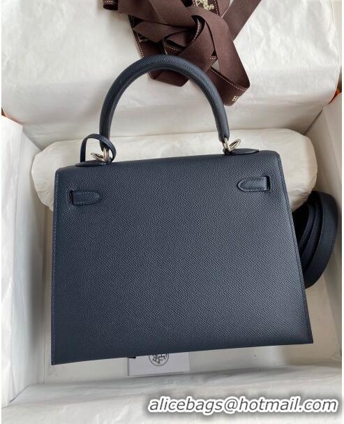 Luxurious Hermes Kelly 25/28cm Bag in Original Epsom Leather K2528 Deep Blue/Silver 2024 (Half Handmade)