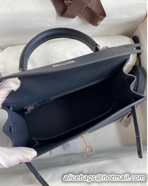 Luxurious Hermes Kelly 25/28cm Bag in Original Epsom Leather K2528 Deep Blue/Silver 2024 (Half Handmade)