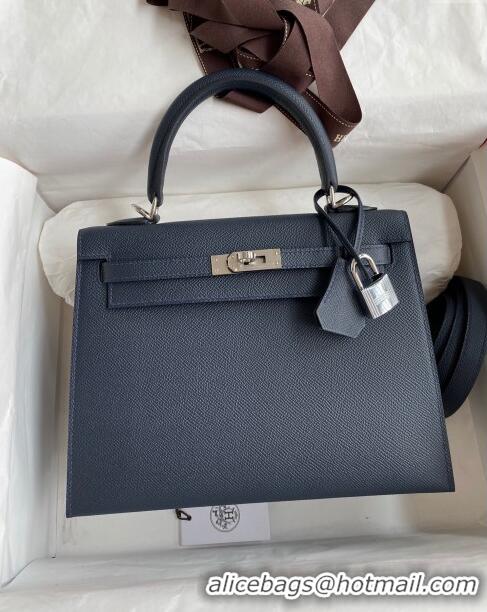 Luxurious Hermes Kelly 25/28cm Bag in Original Epsom Leather K2528 Deep Blue/Silver 2024 (Half Handmade)