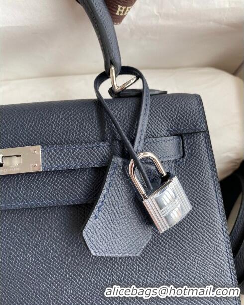 Luxurious Hermes Kelly 25/28cm Bag in Original Epsom Leather K2528 Deep Blue/Silver 2024 (Half Handmade)