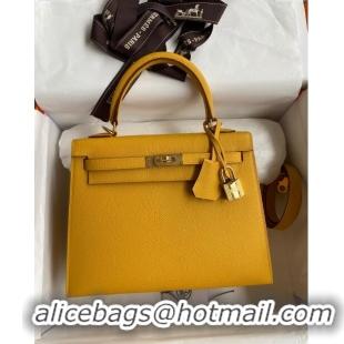 Top Quality Hermes Kelly 25/28cm Bag in Original Epsom Leather K2528 Amber Yellow/Gold 2024 (Half Handmade)