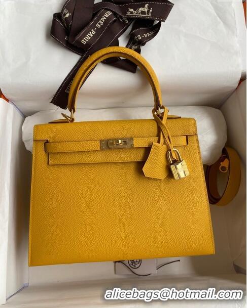 Top Quality Hermes Kelly 25/28cm Bag in Original Epsom Leather K2528 Amber Yellow/Gold 2024 (Half Handmade)