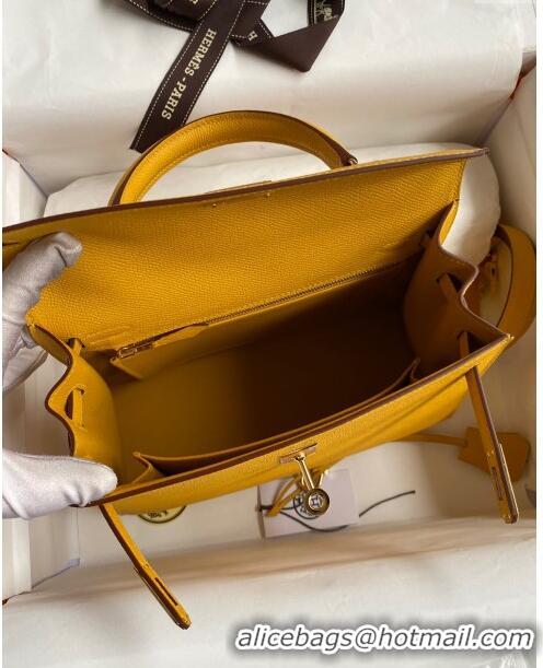 Top Quality Hermes Kelly 25/28cm Bag in Original Epsom Leather K2528 Amber Yellow/Gold 2024 (Half Handmade)