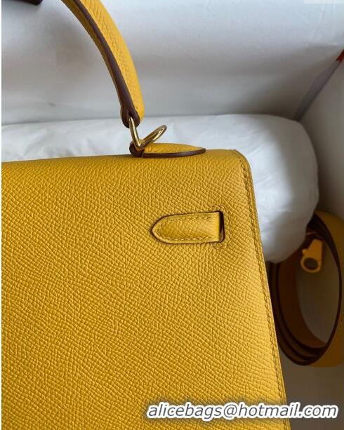 Top Quality Hermes Kelly 25/28cm Bag in Original Epsom Leather K2528 Amber Yellow/Gold 2024 (Half Handmade)