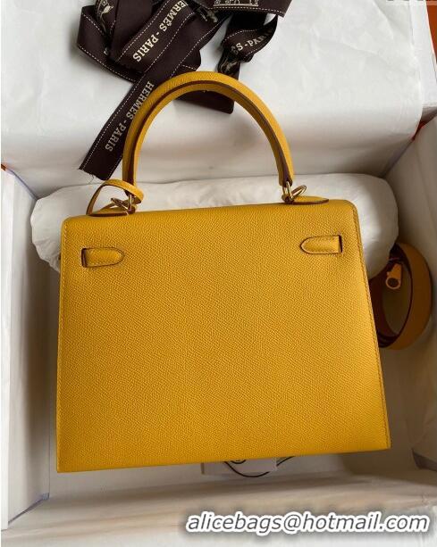 Top Quality Hermes Kelly 25/28cm Bag in Original Epsom Leather K2528 Amber Yellow/Gold 2024 (Half Handmade)