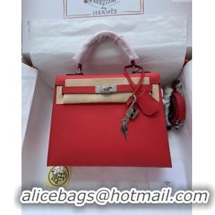 Reasonable Price Hermes Kelly 25/28cm Bag in Original Epsom Leather K2528 Red/Silver 2024 (Half Handmade)