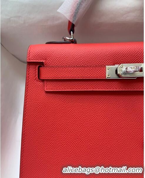 Reasonable Price Hermes Kelly 25/28cm Bag in Original Epsom Leather K2528 Red/Silver 2024 (Half Handmade)