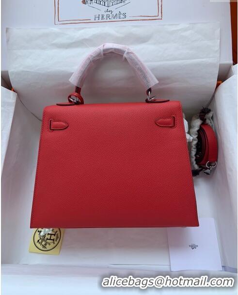 Reasonable Price Hermes Kelly 25/28cm Bag in Original Epsom Leather K2528 Red/Silver 2024 (Half Handmade)