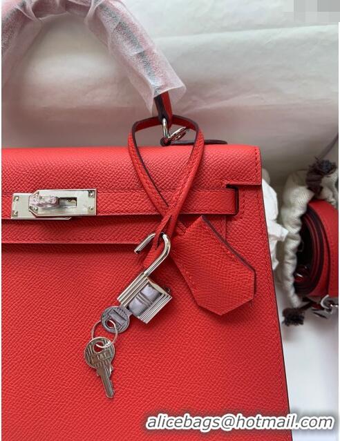 Reasonable Price Hermes Kelly 25/28cm Bag in Original Epsom Leather K2528 Red/Silver 2024 (Half Handmade)