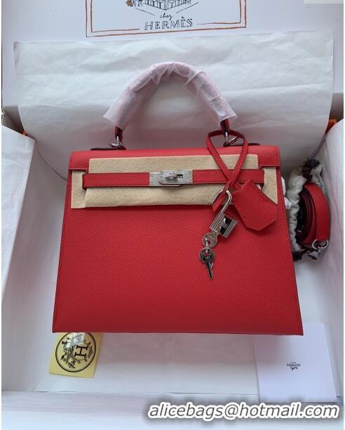 Reasonable Price Hermes Kelly 25/28cm Bag in Original Epsom Leather K2528 Red/Silver 2024 (Half Handmade)