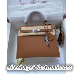 Inexpensive Hermes Kelly 25/28cm Bag in Original Epsom Leather K2528 Brown/Silver 2024 (Half Handmade)