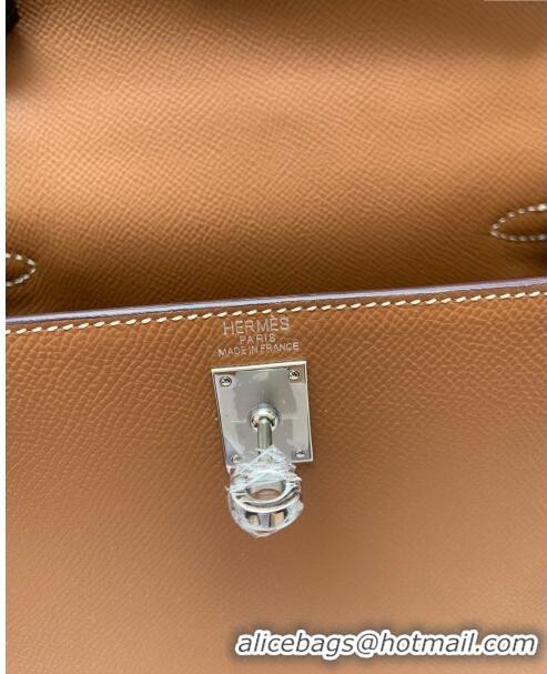 Inexpensive Hermes Kelly 25/28cm Bag in Original Epsom Leather K2528 Brown/Silver 2024 (Half Handmade)