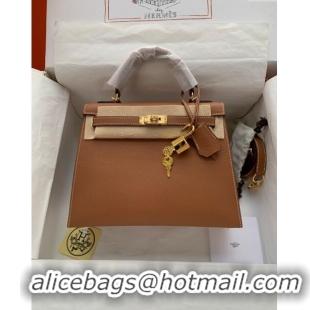 Modern Grade Hermes Kelly 25/28cm Bag in Original Epsom Leather K2528 Brown/Gold 2024 (Half Handmade)