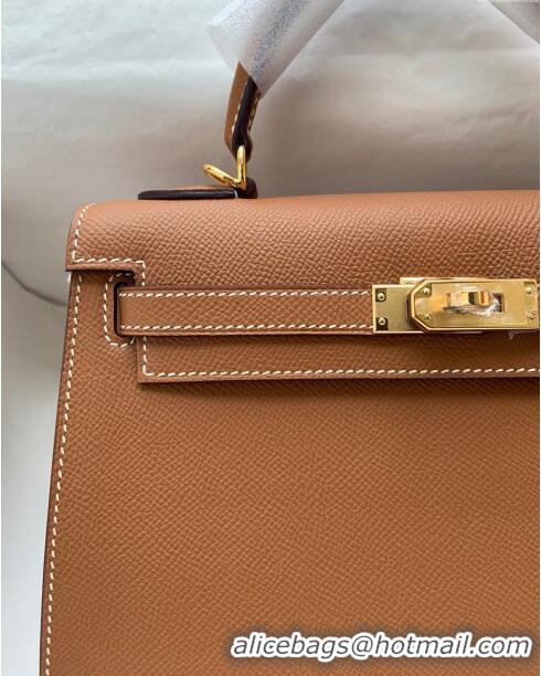 Modern Grade Hermes Kelly 25/28cm Bag in Original Epsom Leather K2528 Brown/Gold 2024 (Half Handmade)