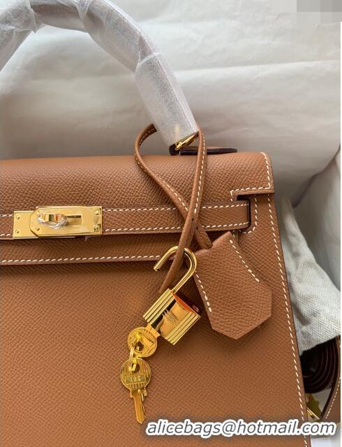 Modern Grade Hermes Kelly 25/28cm Bag in Original Epsom Leather K2528 Brown/Gold 2024 (Half Handmade)