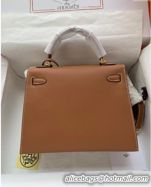 Modern Grade Hermes Kelly 25/28cm Bag in Original Epsom Leather K2528 Brown/Gold 2024 (Half Handmade)