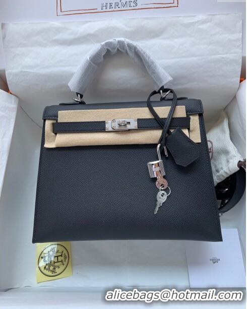 Cheapest Hermes Kelly 25/28cm Bag in Original Epsom Leather K2528 Black/Silver 2024 (Half Handmade)