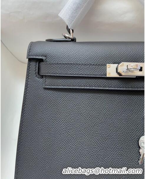 Cheapest Hermes Kelly 25/28cm Bag in Original Epsom Leather K2528 Black/Silver 2024 (Half Handmade)