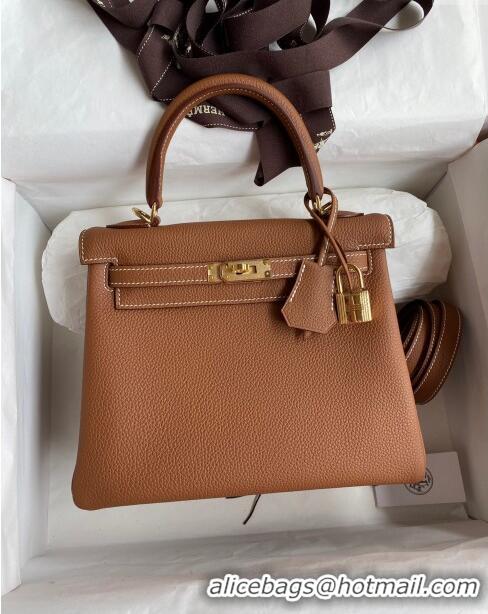 New Style Hermes Kelly 25/28cm Bag in Original Togo Leather K2528 Brown/Gold 2024 (Half Handmade)