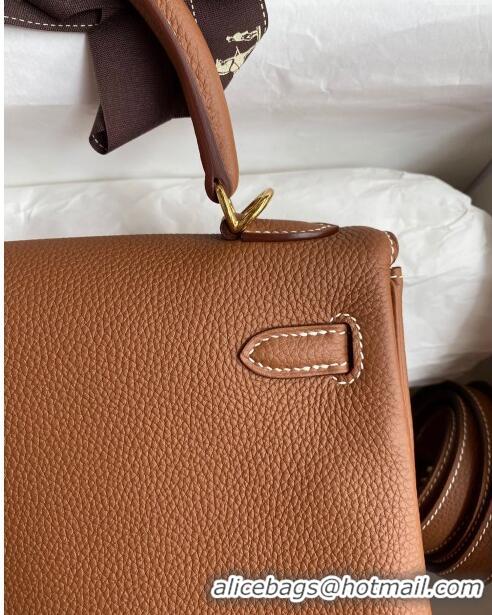 New Style Hermes Kelly 25/28cm Bag in Original Togo Leather K2528 Brown/Gold 2024 (Half Handmade)