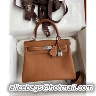 Good Quality Hermes Kelly 25/28cm Bag in Original Togo Leather K2528 Brown/Silver 2024 (Half Handmade)