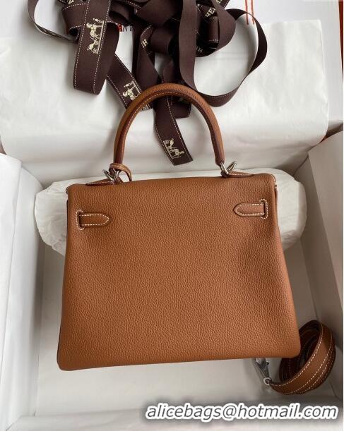 Good Quality Hermes Kelly 25/28cm Bag in Original Togo Leather K2528 Brown/Silver 2024 (Half Handmade)