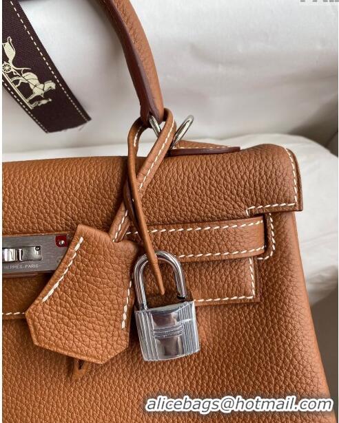 Good Quality Hermes Kelly 25/28cm Bag in Original Togo Leather K2528 Brown/Silver 2024 (Half Handmade)