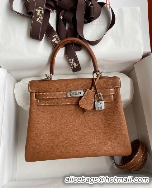 Good Quality Hermes Kelly 25/28cm Bag in Original Togo Leather K2528 Brown/Silver 2024 (Half Handmade)