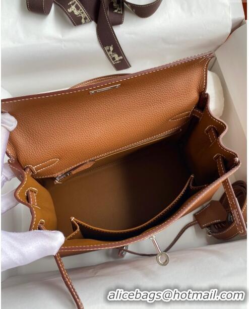 Good Quality Hermes Kelly 25/28cm Bag in Original Togo Leather K2528 Brown/Silver 2024 (Half Handmade)