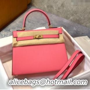 Good Taste Hermes Kelly 25/28cm Bag in Original Epsom Leather K2528 Lipstick Pink/Gold 2024 (Half Handmade)