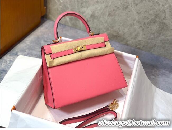 Good Taste Hermes Kelly 25/28cm Bag in Original Epsom Leather K2528 Lipstick Pink/Gold 2024 (Half Handmade)