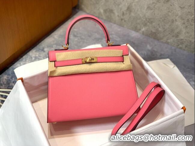 Good Taste Hermes Kelly 25/28cm Bag in Original Epsom Leather K2528 Lipstick Pink/Gold 2024 (Half Handmade)