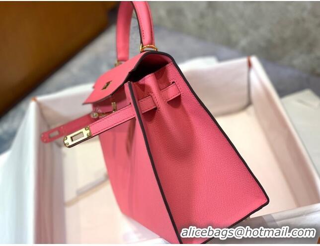 Good Taste Hermes Kelly 25/28cm Bag in Original Epsom Leather K2528 Lipstick Pink/Gold 2024 (Half Handmade)