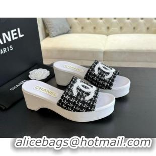 Charming Chanel Tweed Wedge Slide Sandal 10cm Black 424138