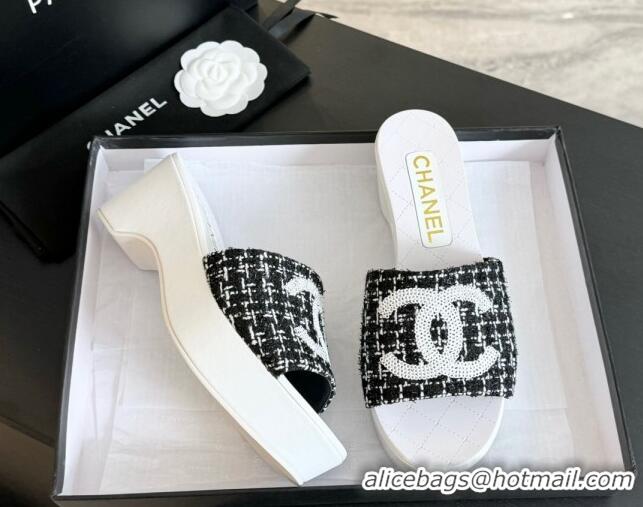 Charming Chanel Tweed Wedge Slide Sandal 10cm Black 424138