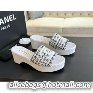 Hot Style Chanel Tweed Wedge Slide Sandal 10cm White 424139