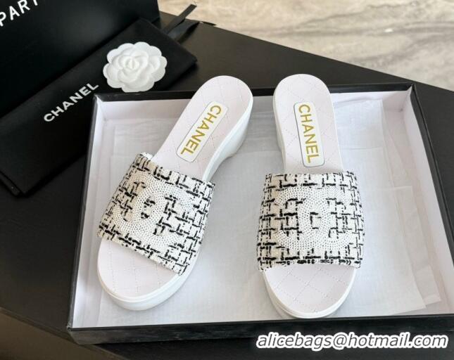 Hot Style Chanel Tweed Wedge Slide Sandal 10cm White 424139