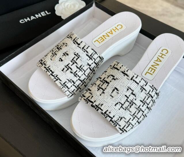 Hot Style Chanel Tweed Wedge Slide Sandal 10cm White 424139