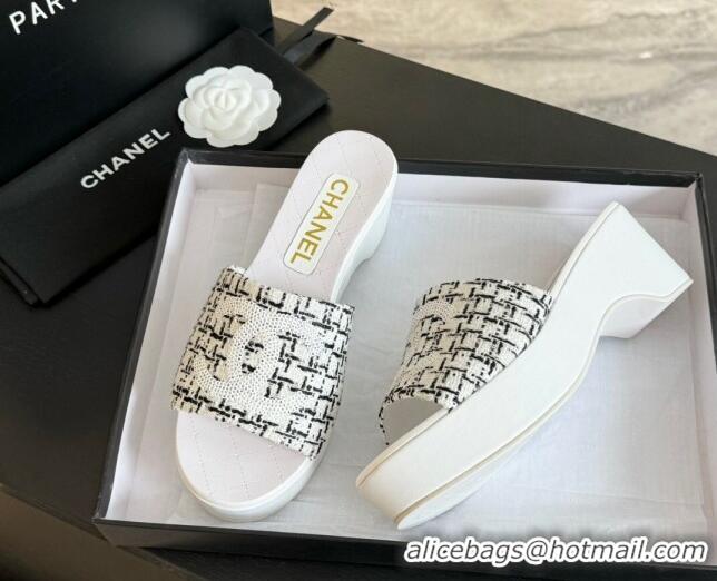 Hot Style Chanel Tweed Wedge Slide Sandal 10cm White 424139