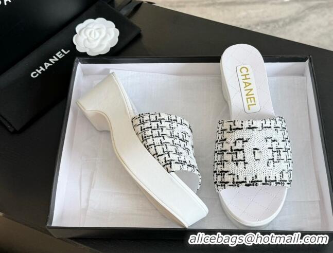 Hot Style Chanel Tweed Wedge Slide Sandal 10cm White 424139