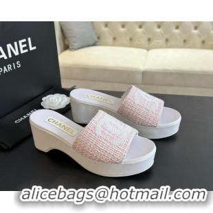 Sophisticated Chanel Tweed Wedge Slide Sandal 10cm Pink 424140