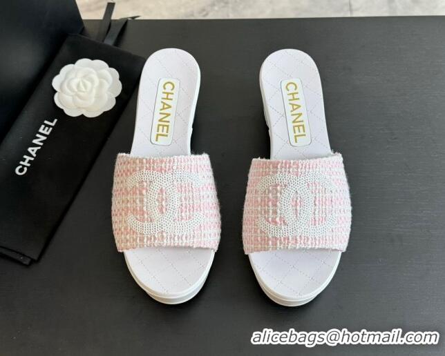 Sophisticated Chanel Tweed Wedge Slide Sandal 10cm Pink 424140