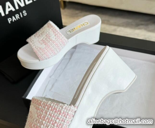 Sophisticated Chanel Tweed Wedge Slide Sandal 10cm Pink 424140