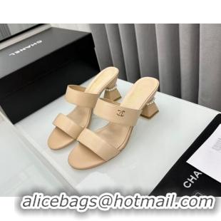 Famous Chanel Lambskin Heel Slide Sandal 7cm with Pearls G45685 Beige 424141