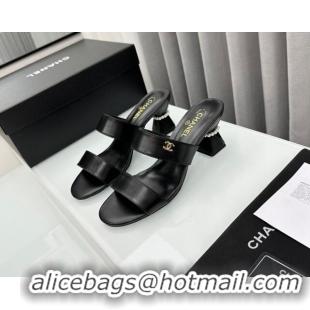 Best Price Chanel Lambskin Heel Slide Sandal 7cm with Pearls G45685 Black 424142