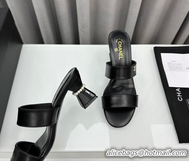 Best Price Chanel Lambskin Heel Slide Sandal 7cm with Pearls G45685 Black 424142