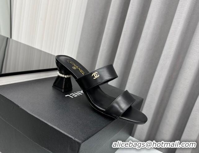 Best Price Chanel Lambskin Heel Slide Sandal 7cm with Pearls G45685 Black 424142