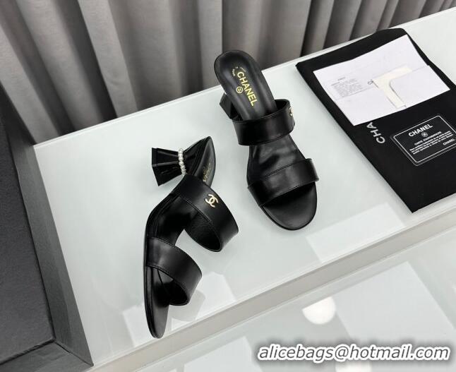 Best Price Chanel Lambskin Heel Slide Sandal 7cm with Pearls G45685 Black 424142