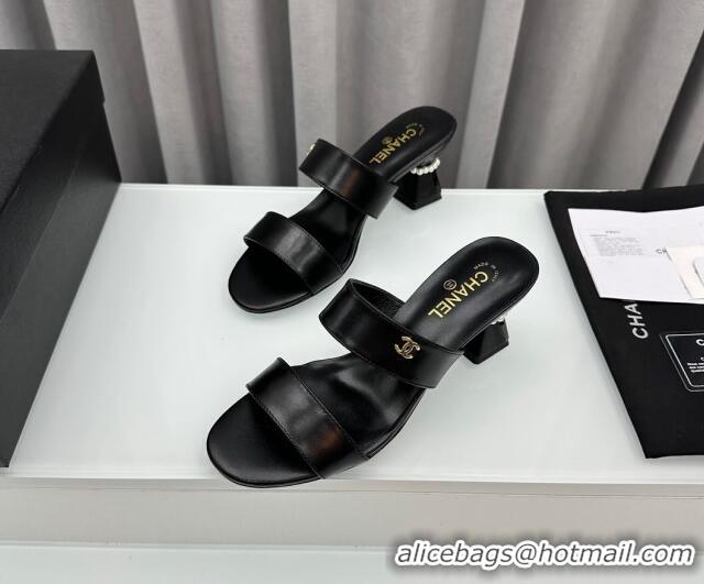 Best Price Chanel Lambskin Heel Slide Sandal 7cm with Pearls G45685 Black 424142