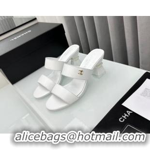 Grade Quality Chanel Lambskin Heel Slide Sandal 7cm with Pearls G45685 White 424143